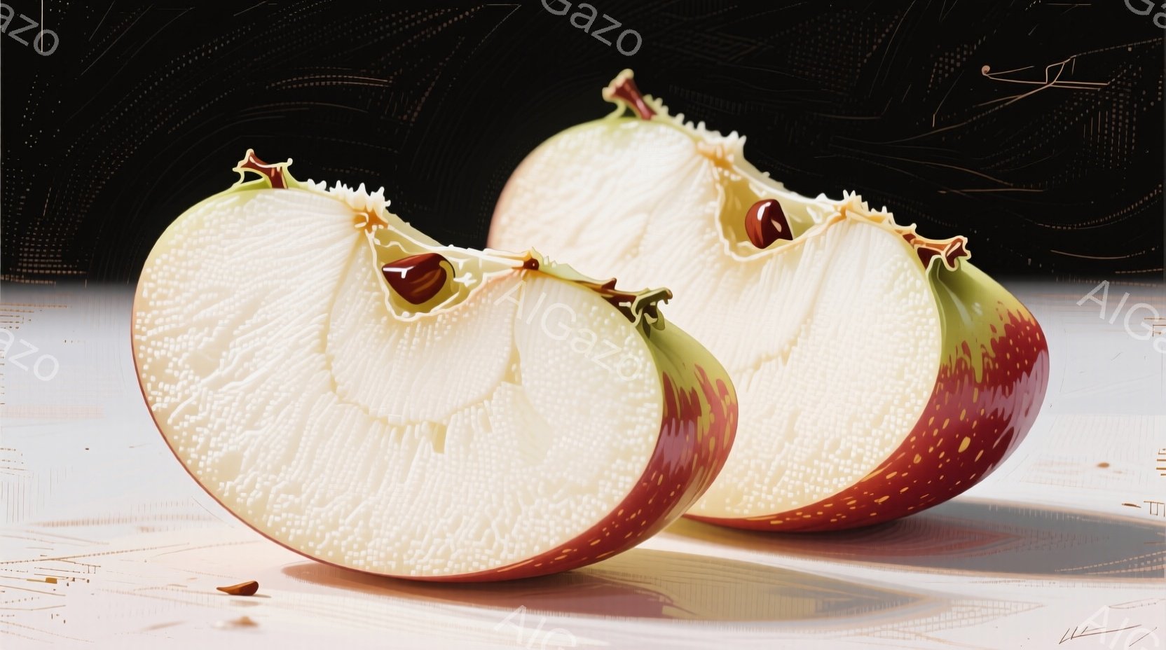 赤と黄色のまだら模様のリンゴの半分が2つ、白い表面上に置かれている様子を捉えています。リンゴはかじられた跡があり、果肉の繊維が細かく表現されています。背景はぼやけた白で、わずかな影がリンゴの立体感を強 - AI生成フリー素材