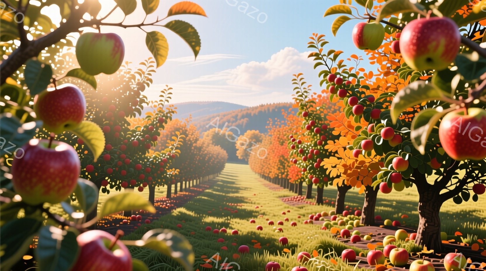 広大なリンゴ園が広がり、地面には熟れたリンゴがたくさん落ちています。整然と並んだリンゴの木々は赤や黄色の実をつけ、遠くには緑豊かな山々が広がっています。晴れた空と明るい日差しが、豊穣な秋の雰囲気を醸し出しています。