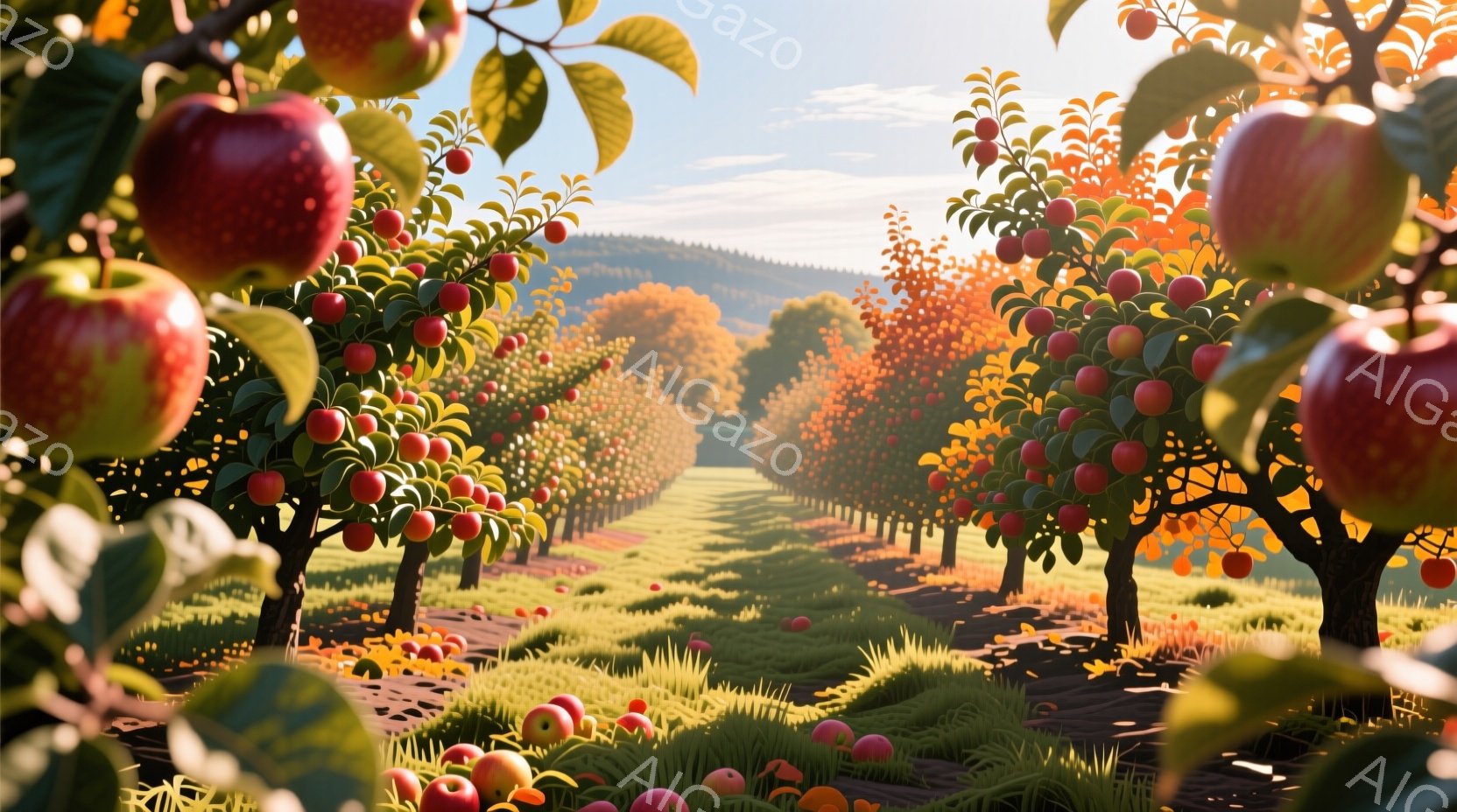 りんご園が広がる風景で、整然と並んだリンゴの木々が視線を遠くまで導きます。地面には収穫されたリンゴや落ち葉が散らばり、秋の収穫の喜びを感じさせます。背景には緑豊かな丘陵と、柔らかい光が差し込む晴れた空 - AI生成フリー素材