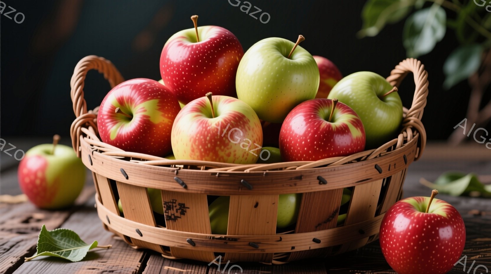 籠の中に赤と緑のリンゴがたっぷり入っており、秋の収穫を思わせる光景です。木製のテーブルの上に置かれ、数枚のリンゴの葉が点在しており、素朴で温かみのある雰囲気を醸し出しています。背景は暗く、リンゴの色が - AI生成フリー素材