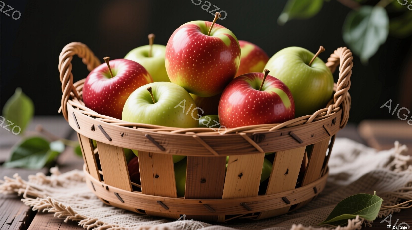 籠の中に赤いリンゴと緑色のリンゴがたっぷり詰まっています。木製のテーブルの上に、レース編みの布を敷き、その上に籠が置かれています。全体的に暖かく、秋の収穫を思わせる雰囲気で、自然な色合いが心地よいです - AI生成フリー素材