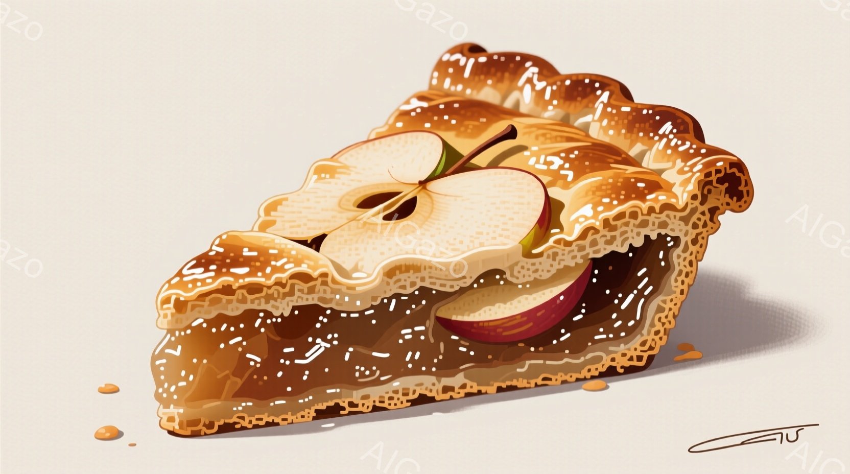 焼き立てのアップルパイ一切れが、淡いベージュ色の背景に置かれています。パイ生地は金茶色で、縁は繊細に波打ち、中には赤いリンゴと薄切りのリンゴが詰まっており、美味しそうな香りが漂ってきます。 表面には砂糖のようなものが散りばめられており、全体的に温かく、食欲をそそる雰囲気を醸し出しています。