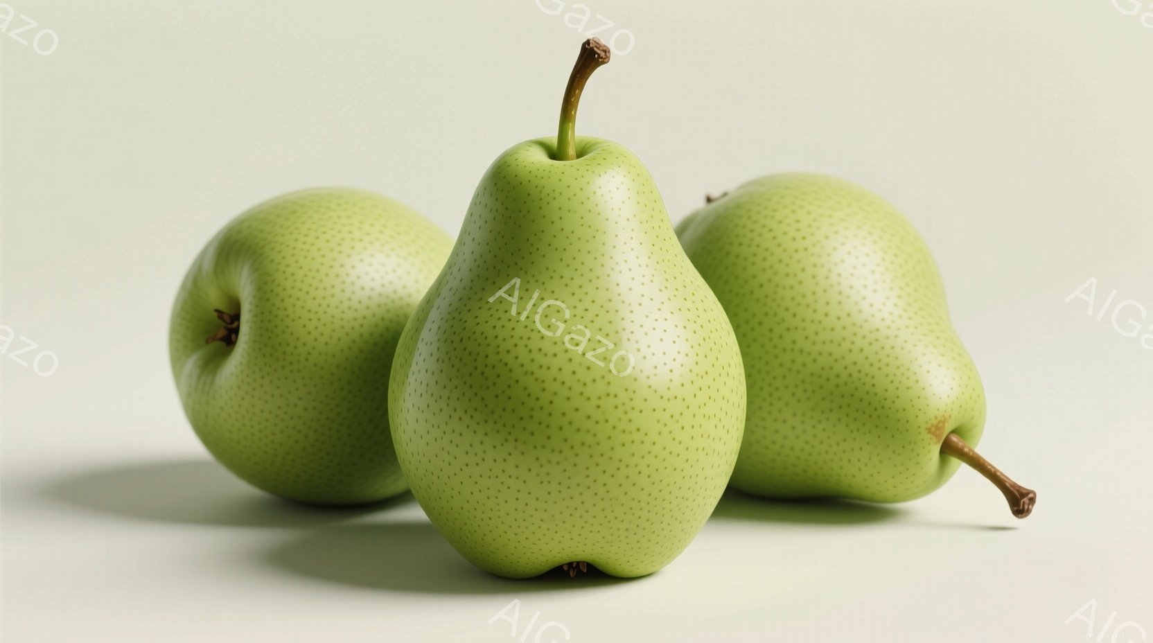 鮮やかな緑色の梨が三つ、薄いベージュ色の背景に並んでいます。梨はそれぞれ丸みを帯びた形をしており、表面には細かい粒状の模様が見られます。影が柔らかく、全体的に穏やかで自然な雰囲気を醸し出しています。 - AI生成フリー素材