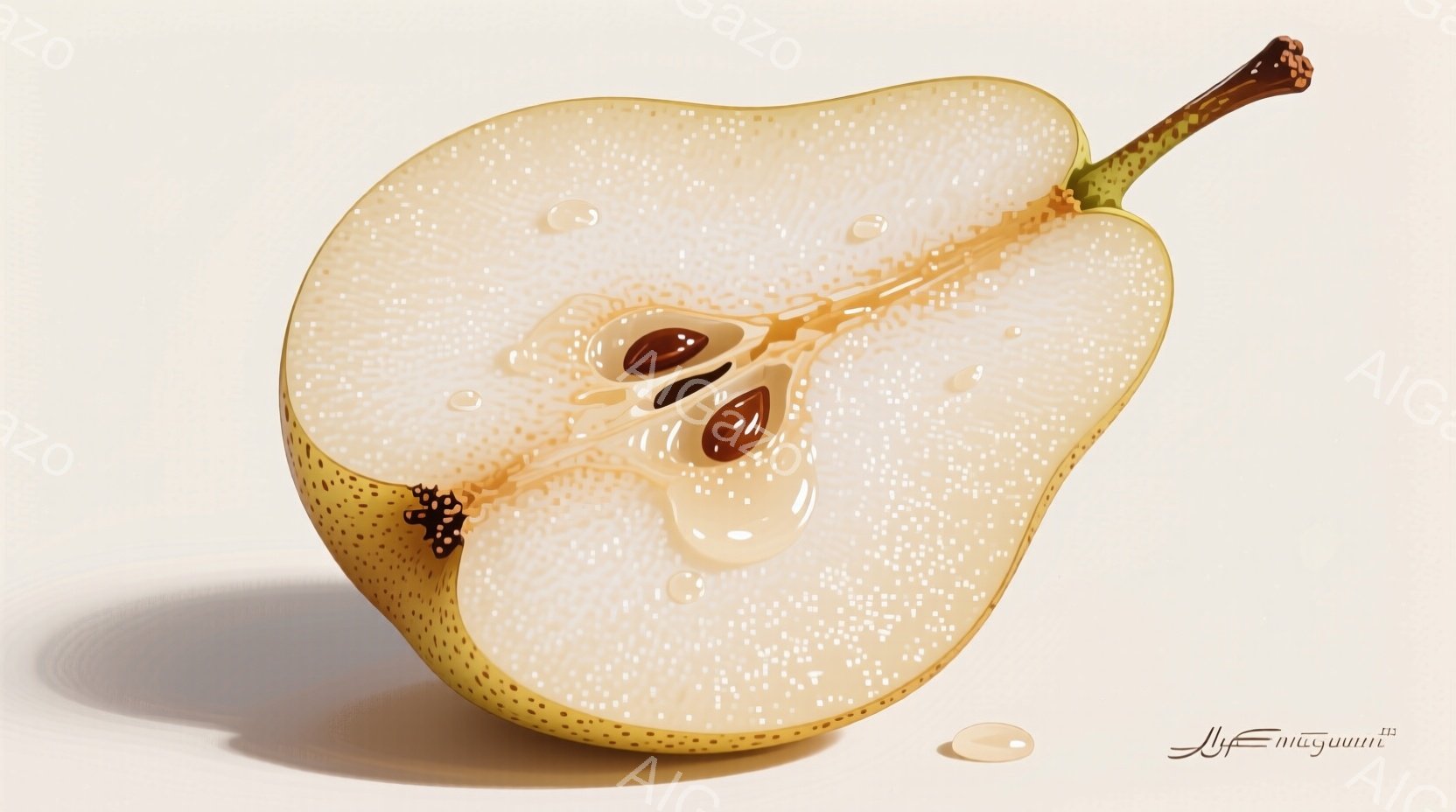 鮮やかな黄色の梨が半分にカットされており、雫が表面に付着している様子が描かれています。梨の中心には種が2つあり、果肉のテクスチャが詳細に表現されています。背景は明るいベージュ色で、梨の鮮やかな色合いが際立っています。