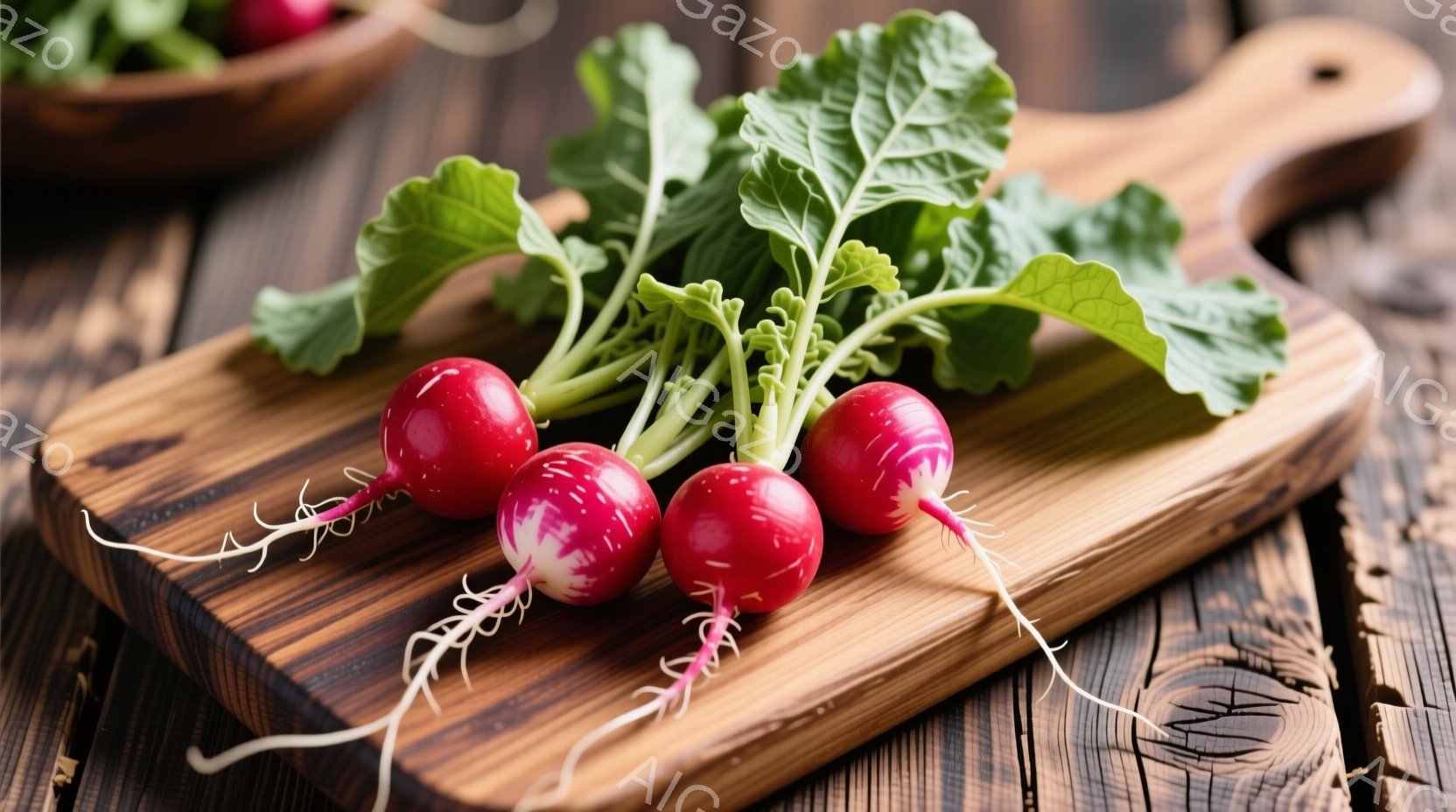 木製のプレートの上に置かれた3つの赤い大根が写っています。大根は鮮やかな赤と白の模様で、緑色の葉が茂っています。背景は木製のテーブルで、暖かく素朴な雰囲気を醸し出しています。 - AI生成フリー素材