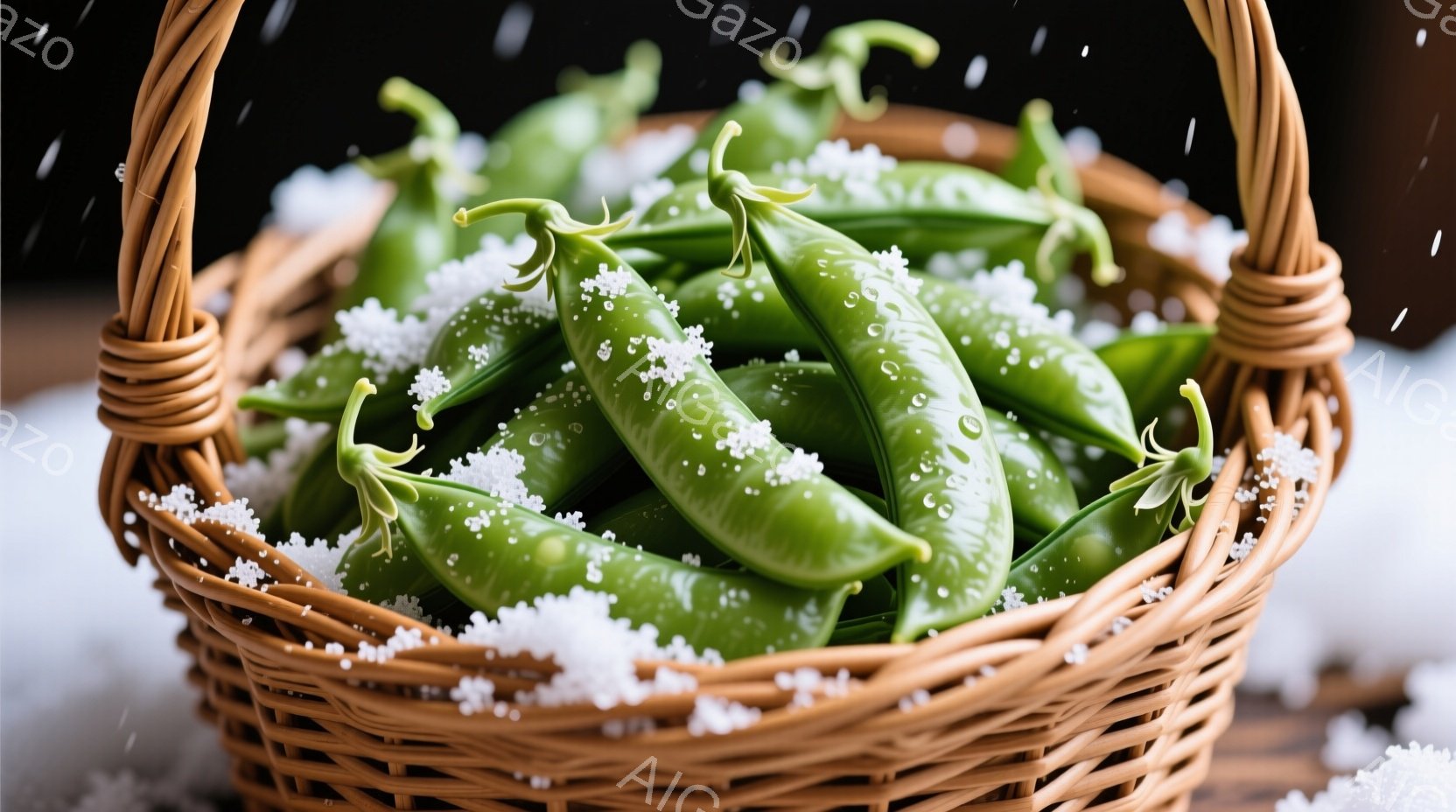 籐編みのバスケットに、みずみずしいグリーンピースがぎっしりと詰まっています。豆の表面には水滴が輝き、まるで新鮮さを強調しているかのようです。背景には雪が舞い、冬の寒さの中で収穫されたばかりの新鮮な豆で - AI生成フリー素材