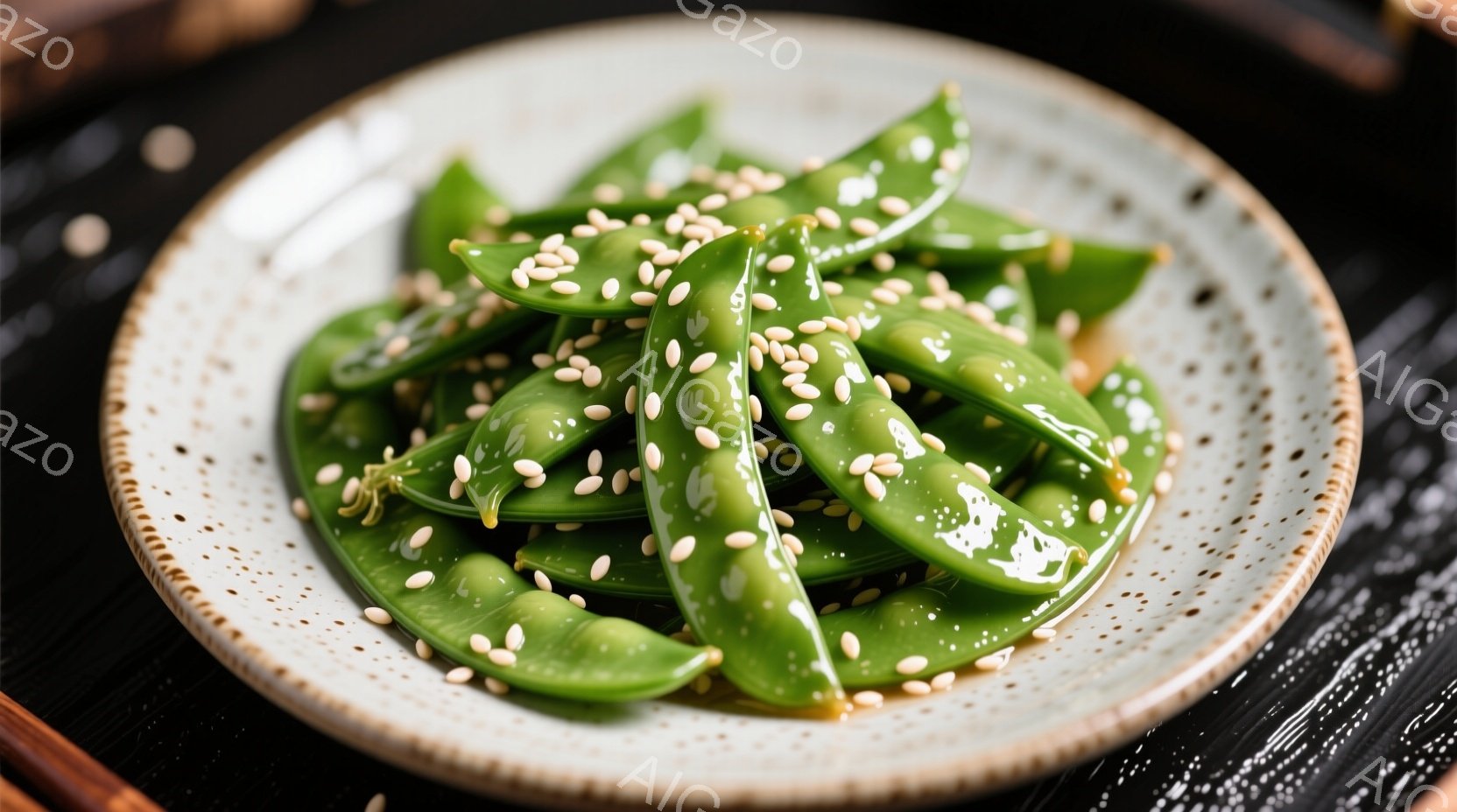 浅いグレーがかった白の皿に、艶やかな緑色の枝豆が盛り付けられています。枝豆の上には、白ごまが散りばめられており、彩りと風味を添えています。背景には黒い木製のテーブルが見え、和食の落ち着いた雰囲気を醸し出しています。