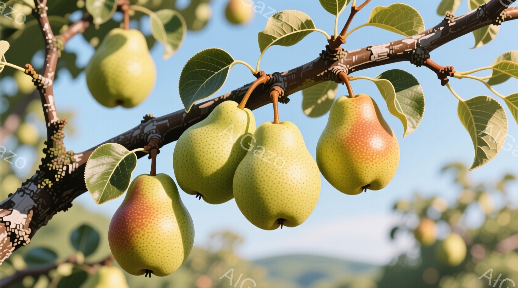 梨の木に実った熟した梨がいくつか見られます。梨は緑がかった黄色で、表面には小さな斑点があり、太陽の光を浴びて輝いています。背景はぼやけていますが、青空と緑の葉が広がり、穏やかで平和な雰囲気が漂っていま - AI生成フリー素材