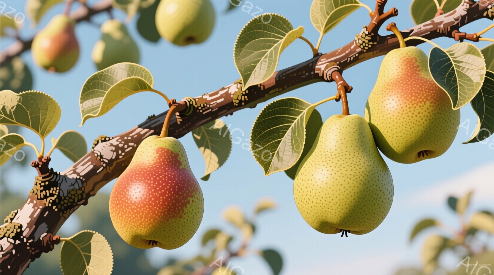 画像は梨の木の枝に実った梨を捉えており、鮮やかな緑の葉に囲まれています。梨は赤と黄色のグラデーションがあり、表面には小さな斑点が見られます。背景はぼやけており、自然な光の中で穏やかな雰囲気を醸し出して - AI生成フリー素材