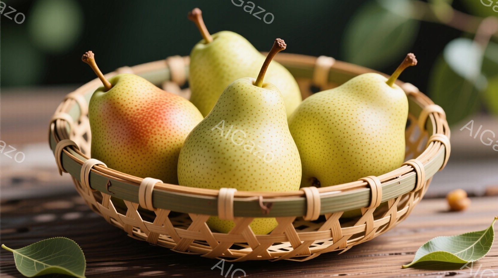 籠の中に、黄色や赤みがかった瑞々しい梨がいくつか入っている。木製のテーブルの上に置かれており、背景は緑色のぼやけた自然の風景が見える。全体的に、暖かく、自然で、食欲をそそる雰囲気が漂っている。 - AI生成フリー素材