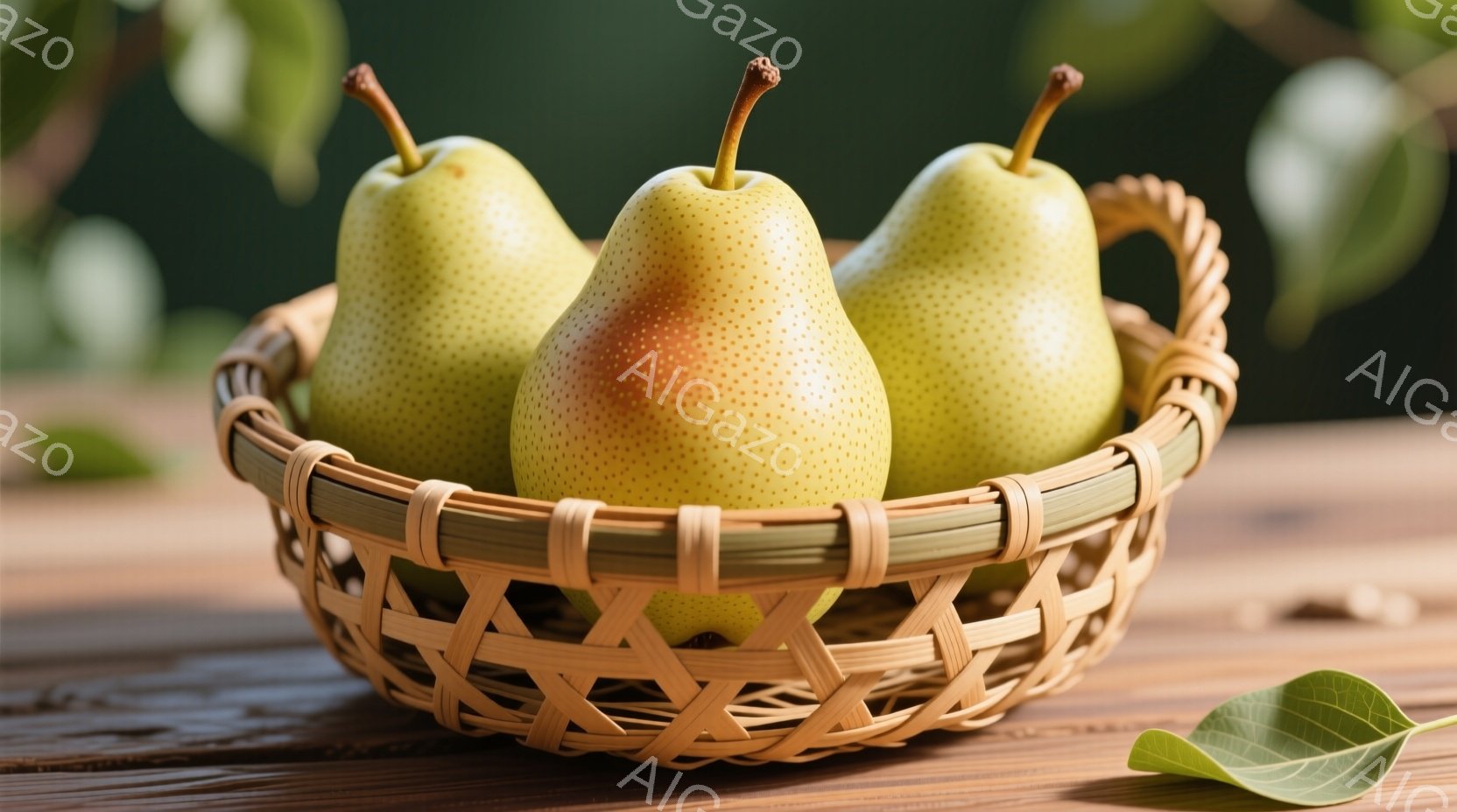 籐編みの籠の中に、黄金色に熟した梨が数個並んでいる。背景はぼやけた木製のテーブルで、鮮やかな緑の葉がアクセントとして添えられている。全体的に暖かく、豊かな実りの季節を感じさせる雰囲気である。 - AI生成フリー素材