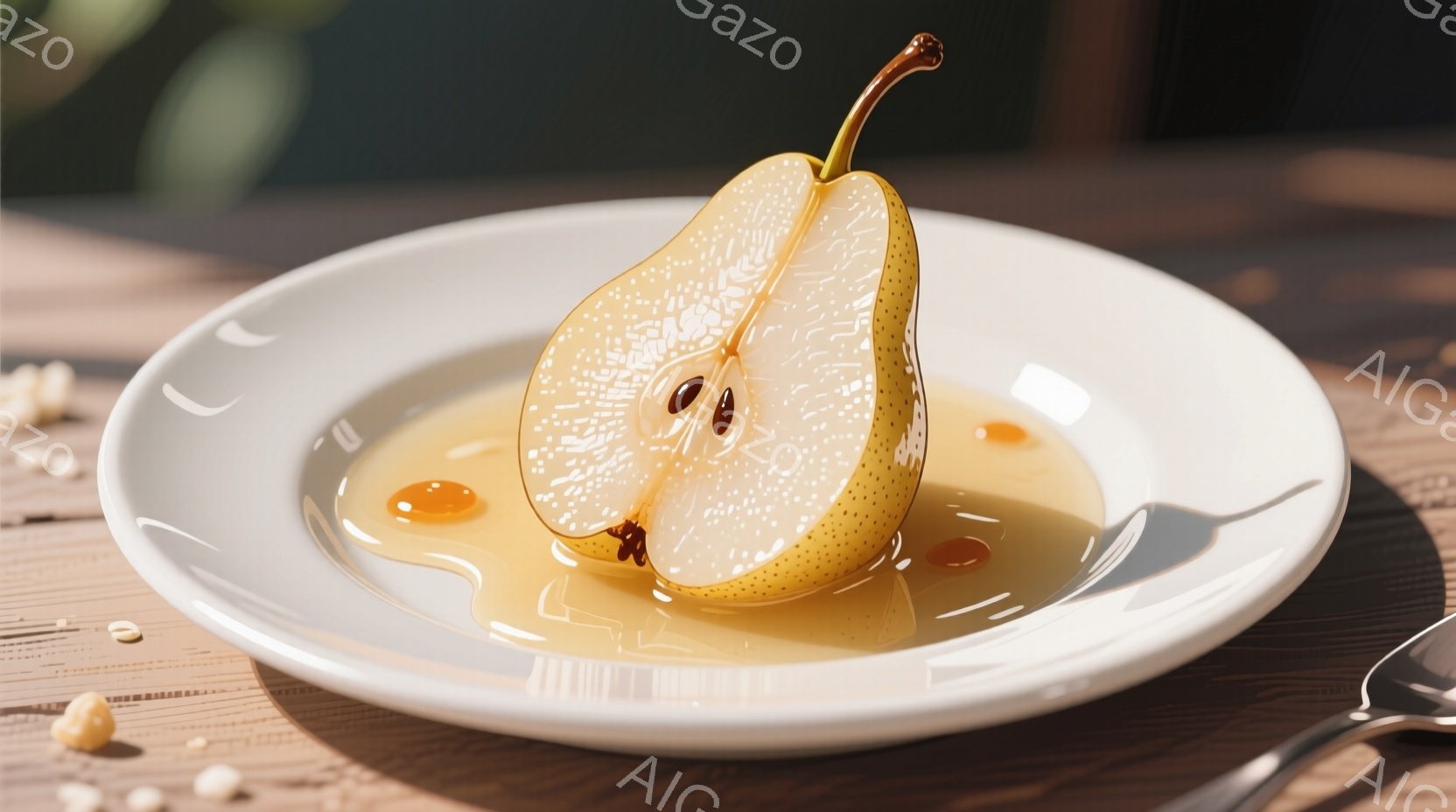 白い皿に半分に切られた梨が浸された様子が描かれています。梨の断面には水滴が光り、甘い蜜のような液体が周囲に広がっています。背景は木製のテーブルで、フォークと小さな粒状のものが写っており、全体的に温かく、食欲をそそる雰囲気です。