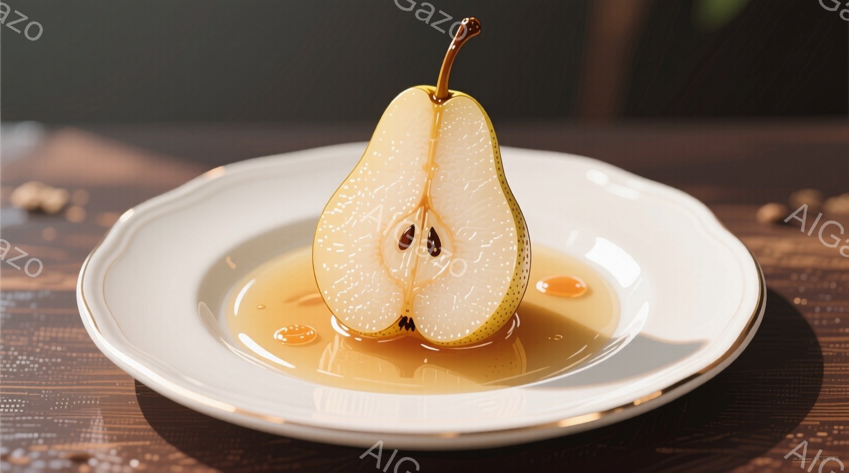 白い皿に半分に切られた梨が乗っています。梨は可愛らしい表情をしており、黒い瞳と少し微笑んでいる口が印象的です。背景は木製のテーブルで、梨の周囲には透明な液体が滴っており、全体的に温かく、親しみやすい雰囲気を醸し出しています。