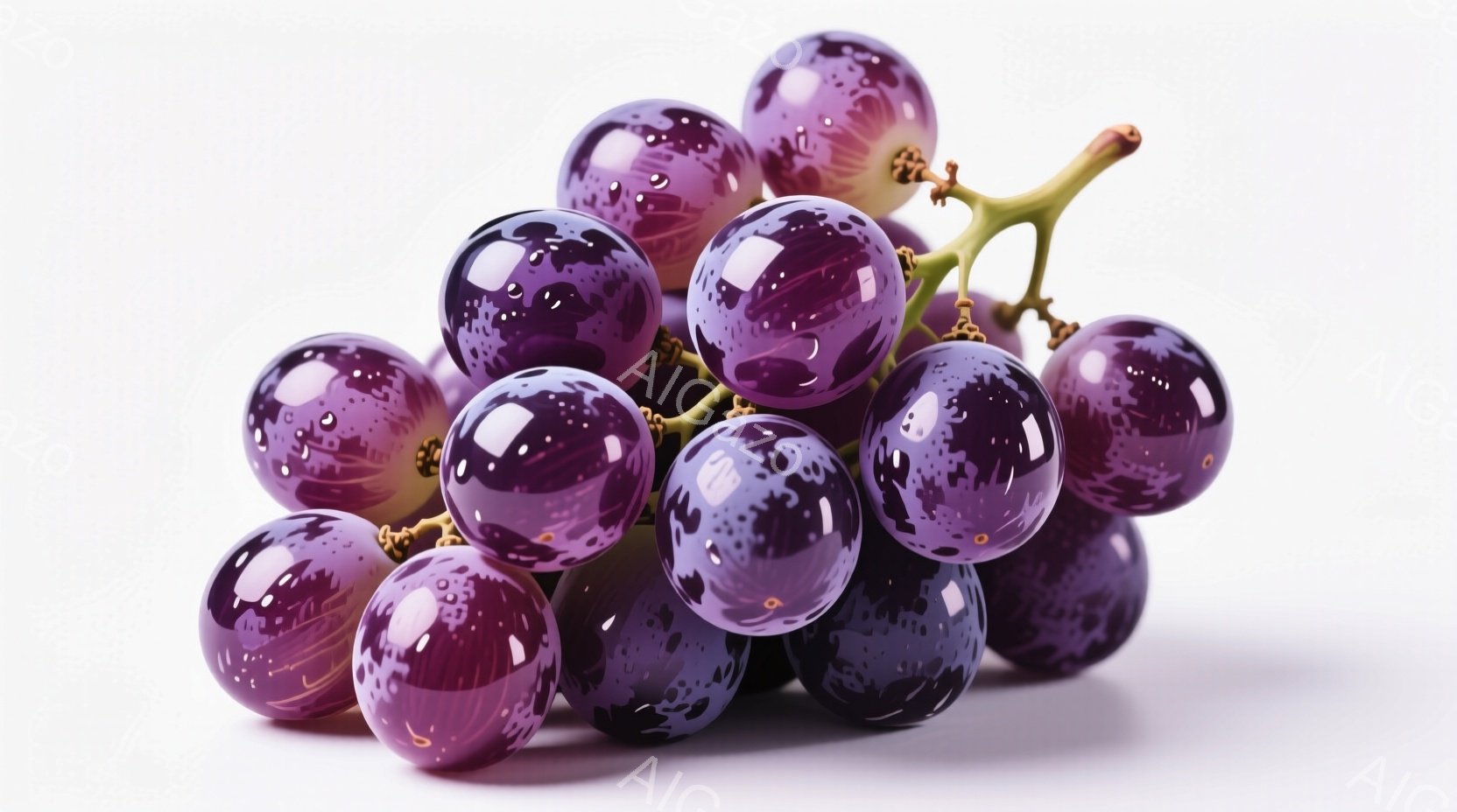 鮮やかな紫色のブドウが、茎についた状態で写っています。表面には白い斑点があり、水滴で覆われているように見えます。背景は白く、ブドウの濃い色が際立っています。