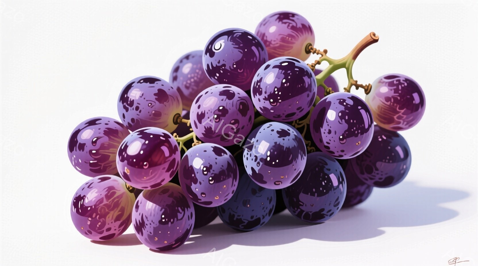 濃い紫色のぶどうの房が、白い背景に置かれています。各ぶどうは、より薄い紫色の斑点模様が特徴的で、まるで銀河のような神秘的な印象を与えます。光の当たり具合から、丸みのある表面が強調され、瑞々しさと美味しさを感じさせます。