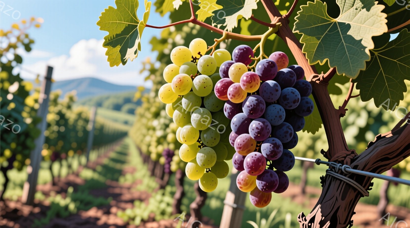 ブドウ畑の一房のブドウをクローズアップで捉えています。赤紫と黄緑色のブドウが重なり合い、成熟した果実の瑞々しさが感じられます。背景には整然と並んだブドウ畑が広がり、遠くには穏やかな丘陵地帯が見え、晴れた日の穏やかな雰囲気を醸し出しています。