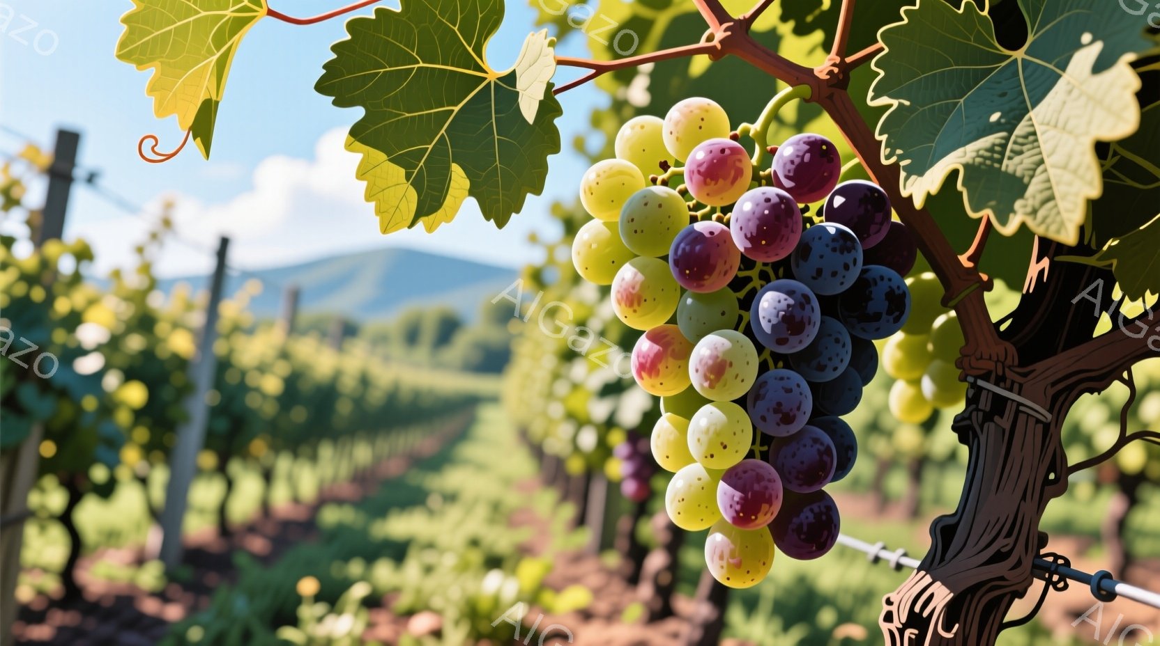 ぶどうの房が枝に実り、緑豊かなブドウ園が広がっている様子が写っている。紫、緑、ピンク色に染まったぶどうは、太陽の光を浴びて輝き、収穫間近の秋の風景を思わせる。遠景には穏やかな丘陵が広がり、晴天の下、穏 - AI生成フリー素材