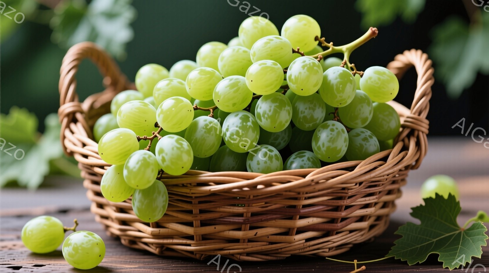 籠の中に緑色のぶどうがたっぷり入っており、いくつかこぼれてテーブルの上に転がっています。背景は木製のテーブルで、緑の葉が添えられており、全体的に自然で爽やかな印象です。光が柔らかく差し込み、ぶどうの瑞 - AI生成フリー素材