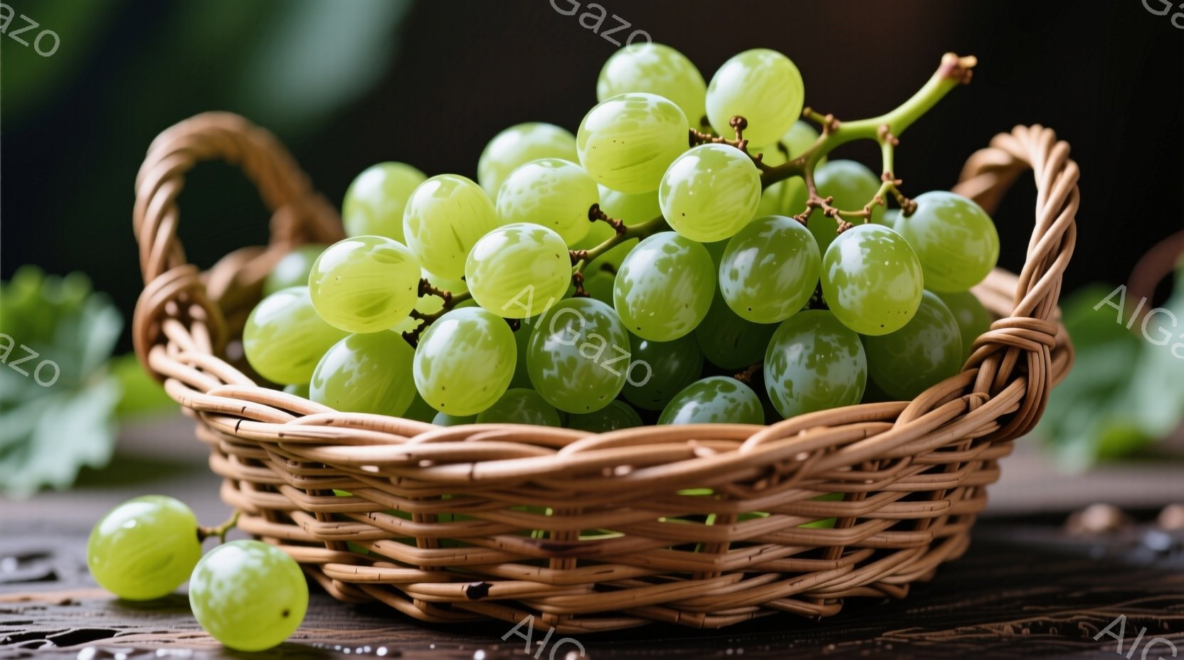 籠の中に緑色のぶどうがたっぷり詰まっています。籐編みの籠は茶色で、ぶどうの鮮やかな緑色と美しいコントラストをなしています。暗い木製のテーブルの上に置かれており、シンプルで素朴な雰囲気が漂っています。 - AI生成フリー素材