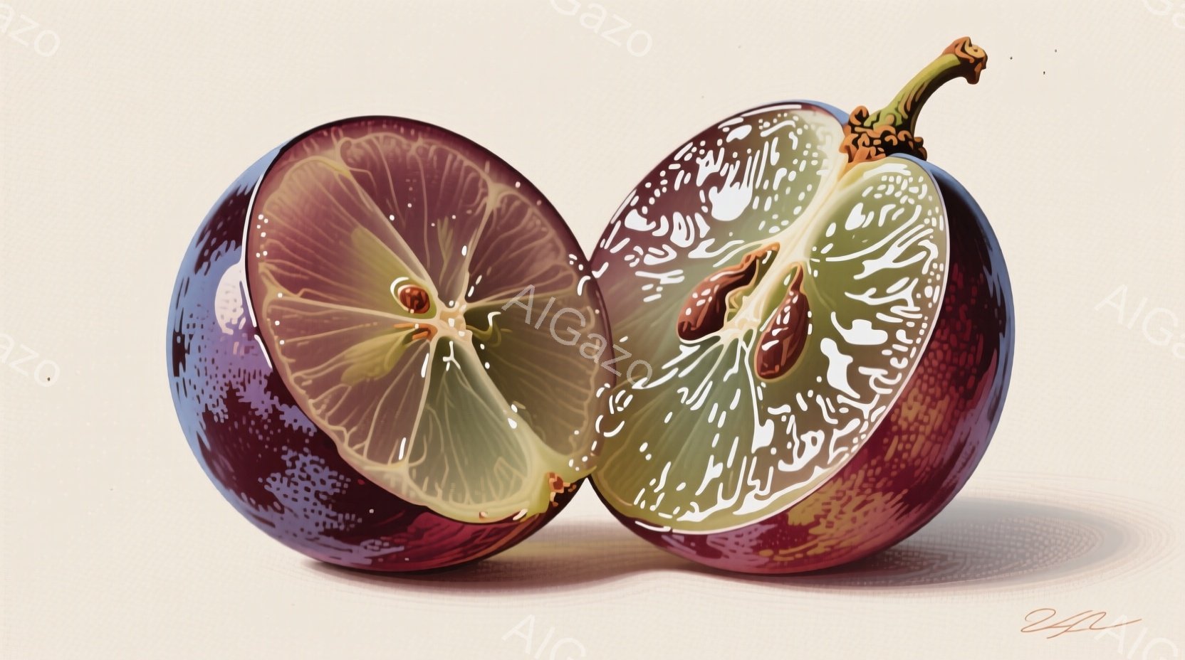 鮮やかな紫色の外皮を持つビワが半分に割れており、その断面からは淡い緑色の果肉と種が見えている。果肉には独特の模様があり、まるで大理石のような繊細な美しさを際立たせている。全体的に柔らかな光が当たり、果実の質感と瑞々しさを強調している。
