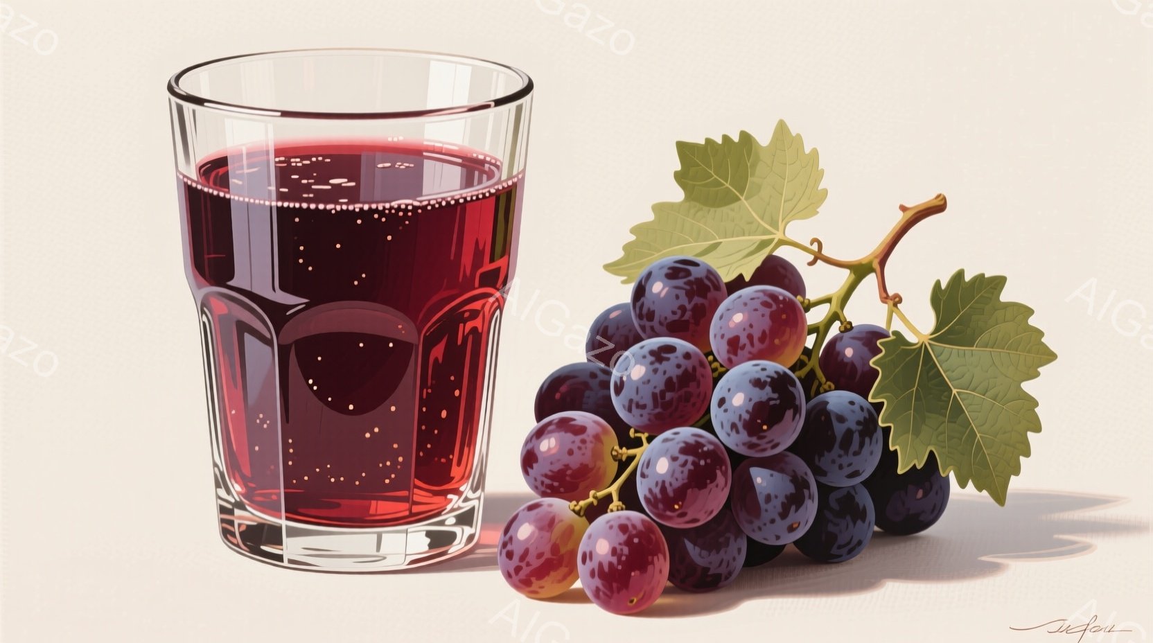 濃い赤色のぶどうジュースがグラスに満たされ、隣には房状に実った紫色のぶどうが置かれています。背景は淡いベージュ色で、影が柔らかく、光が当たっている様子が表現されています。全体的に静かで落ち着いた雰囲気で、果実の豊かな色彩が際立っています。