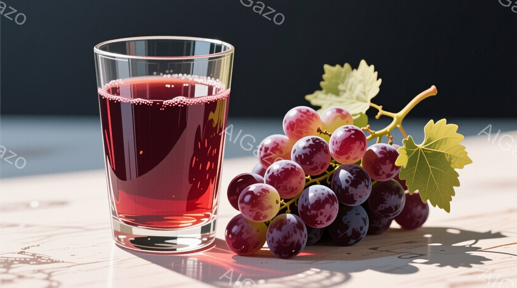 鮮やかな赤色のぶどうジュースがグラスに満たされ、その隣には紫色のぶどうの房が置かれています。木製のテーブルの上に置かれ、日の光が差し込み、ぶどうとグラスの影がテーブル上に伸びています。全体的に、静かで落ち着いた雰囲気が漂い、ぶどうの甘さとジュースの爽やかさが感じられます。
