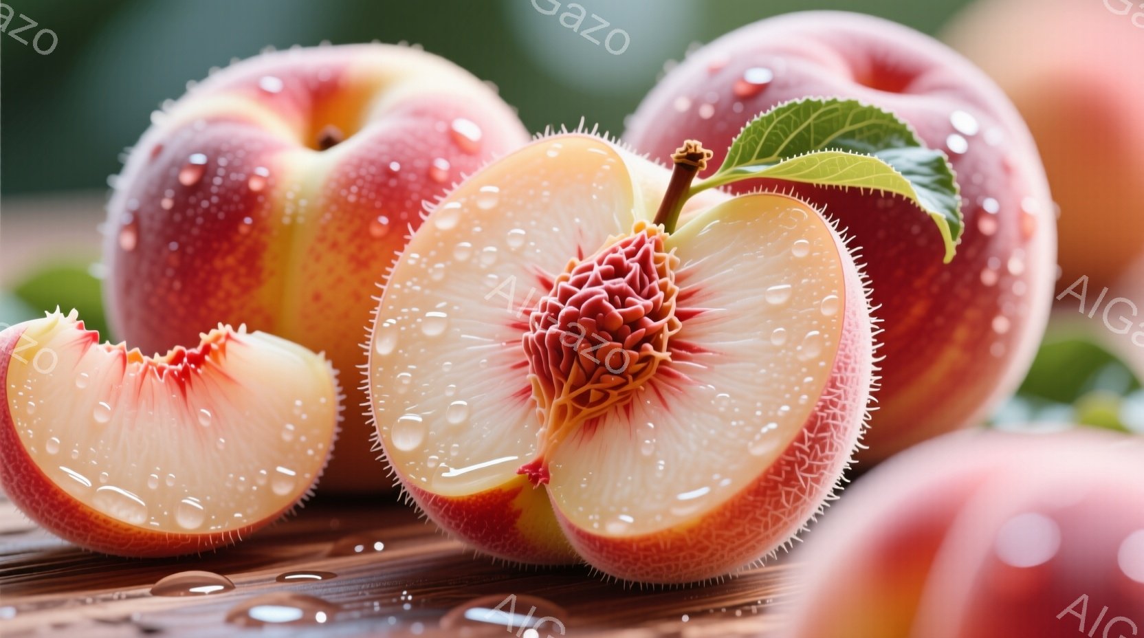 鮮やかなピンクと赤色の桃が、茶色の木製の表面に並べられています。桃の一部は半分にカットされており、種を取り除いた果肉が露で覆われています。全体的に瑞々しく、夏の果実の美味しさを強調した、みずみずしい雰囲気です。