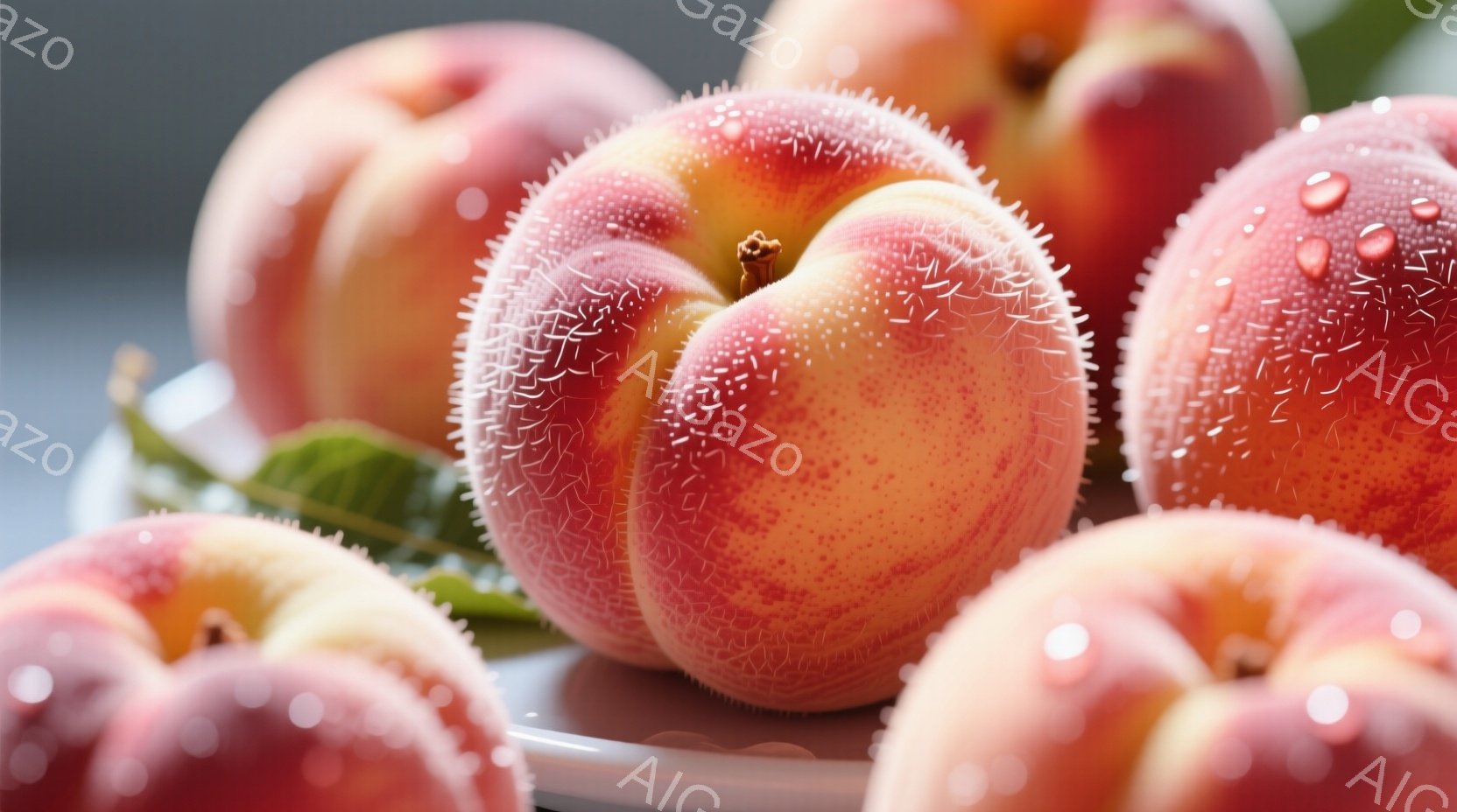 鮮やかなピンクとオレンジ色の桃が、水滴をまとって皿の上に並べられています。桃の表面は細かい毛で覆われ、みずみずしさを強調しています。背景はぼやけており、桃そのものの質感を際立たせる構成になっています。