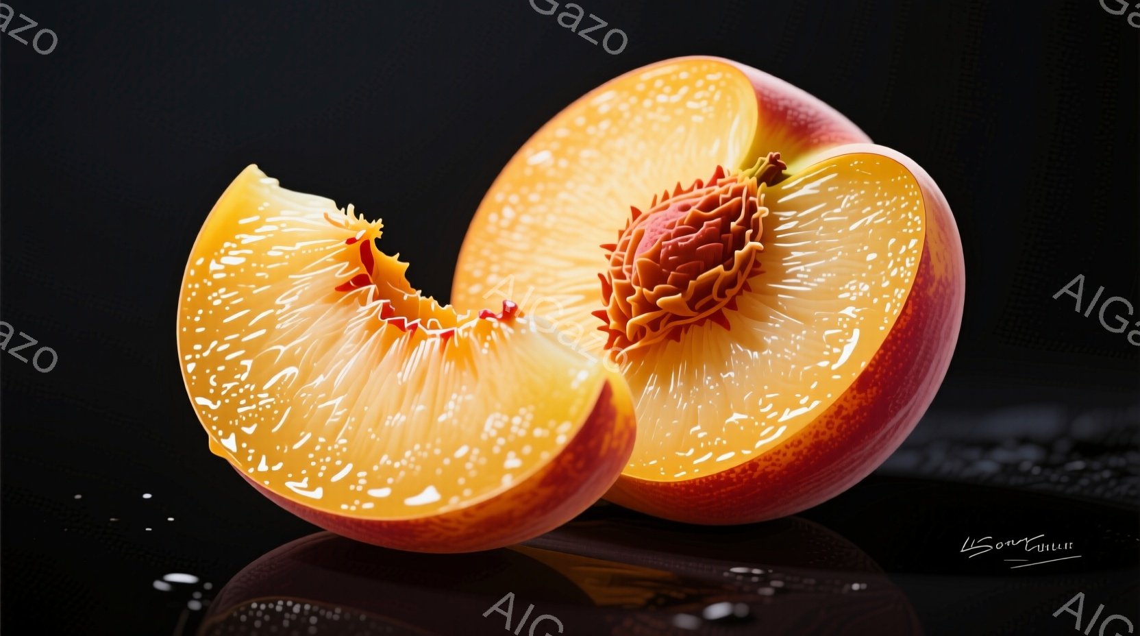 鮮やかなオレンジ色の桃が半分にカットされ、その断面が露わになっている。表面には繊細な毛羽立ちが見られ、果汁が滴り落ちるような光沢がある。背景は黒で、反射が水滴のように見えることから、光沢のある表面で撮影されていることがわかる。