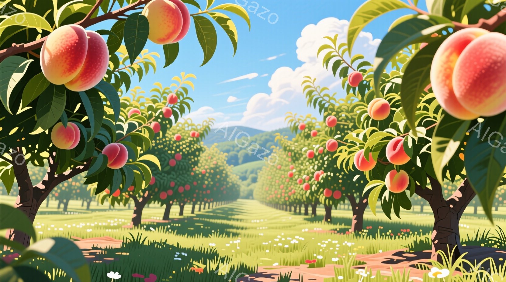 桃の木が整然と並んだ果樹園が広がっており、たくさんの熟した桃が実をつけている。背景には緑豊かな丘陵地帯と、白い雲が浮かぶ青空が広がり、穏やかで牧歌的な雰囲気を醸し出している。地面には白く小さな花が咲き乱れ、桃の葉と青々とした草が鮮やかなコントラストを生み出している。