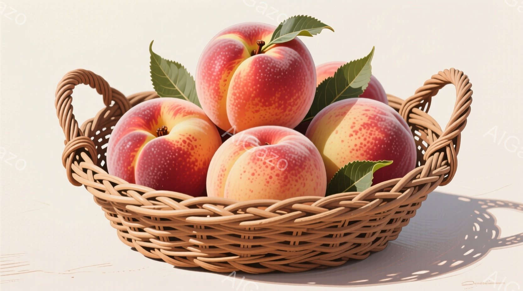 籠の中に、色鮮やかな桃がいくつか入っています。桃は赤とオレンジの色合いが美しく、葉っぱが添えられています。明るい光が差し込み、木製のテーブルの上に影が落ち、全体的に温かみのある雰囲気が漂っています。 - AI生成フリー素材