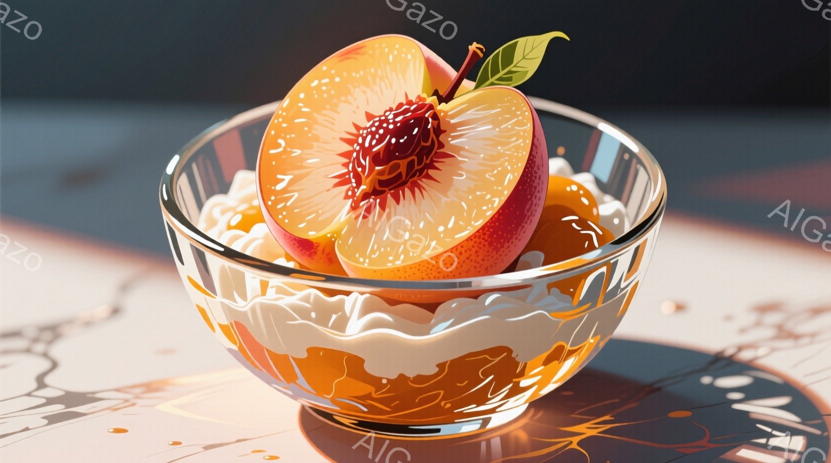 鮮やかな光沢のあるガラスのボウルの中に、半分に切られた桃が盛られています。桃の果肉はオレンジ色で、表面には細かい毛のようなものが描かれており、リアルな質感が表現されています。背景には光と影が混ざり合い、桃とボウルを際立たせており、全体的に甘くて爽やかな雰囲気を醸し出しています。