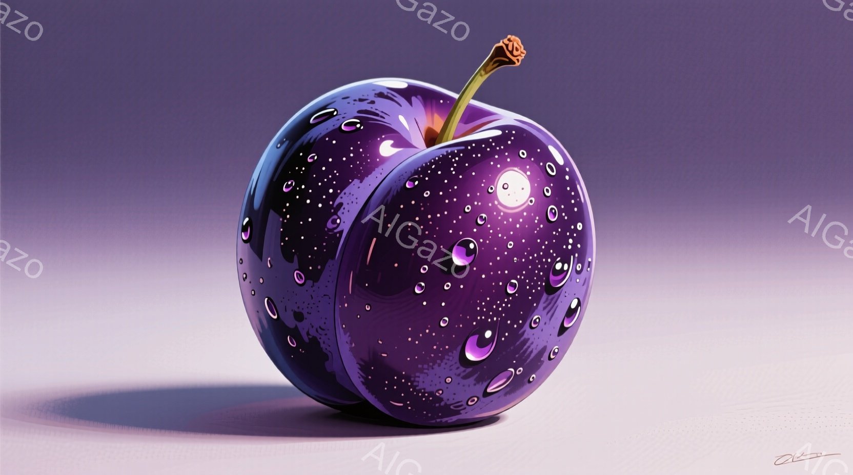 深い紫色をしたリンゴが、まるで宇宙空間を閉じ込めたかのように輝いている。表面には水滴が散りばめられ、星屑のような光沢を放ち、その下には影が薄く伸びている。背景は淡い紫色で、リンゴの幻想的な雰囲気をさらに引き立てている。