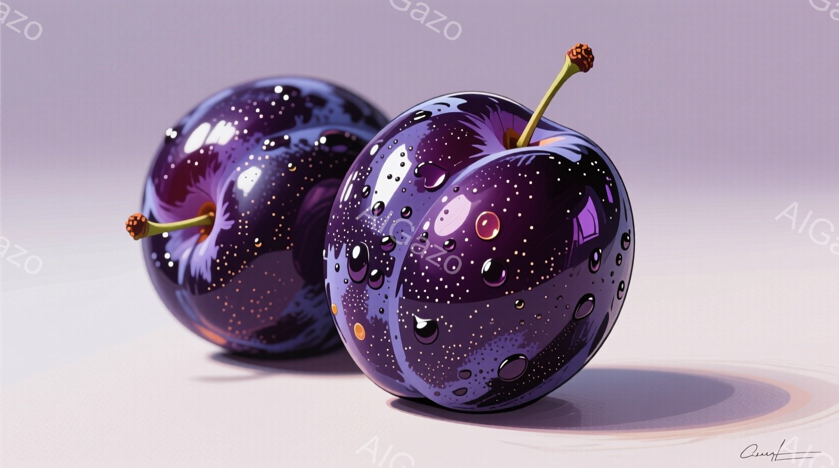 深い紫色の二つのプラムが、つややかな表面に水滴をまといながら並んでいます。影が柔らかく伸びており、背景は淡いグレーで、全体的に静かで落ち着いた雰囲気を醸し出しています。光沢のある質感と水滴が、果実の瑞々しさを強調しています。