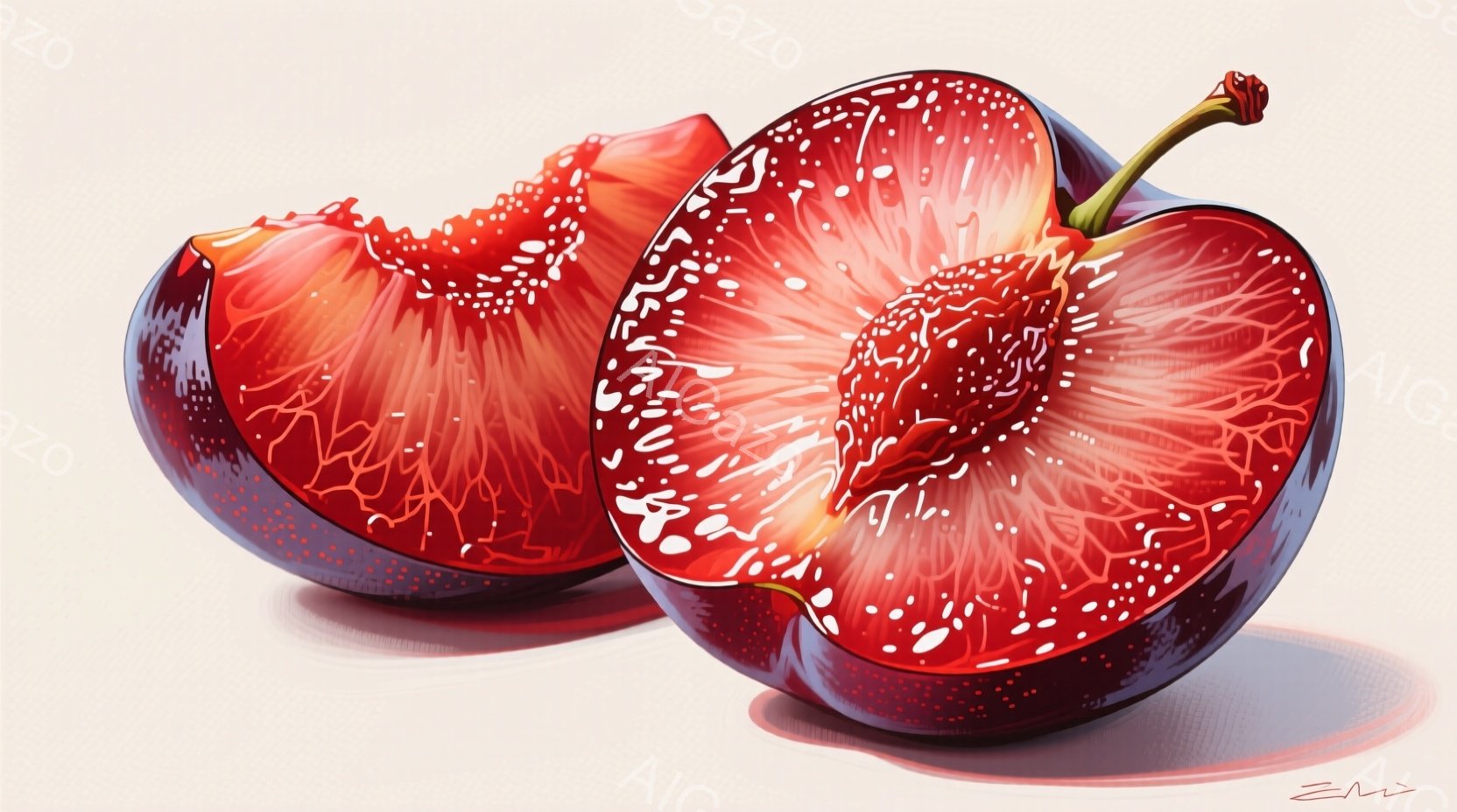 鮮やかな赤いプラムが2つ、切り開かれて中央に並んでいます。果肉は深く赤く、小さな種が散りばめられており、光沢のある皮は光を反射しています。背景は淡いベージュ色で、影が柔らかくプラムの形を強調し、全体的に瑞々しく食欲をそそる雰囲気を醸し出しています。