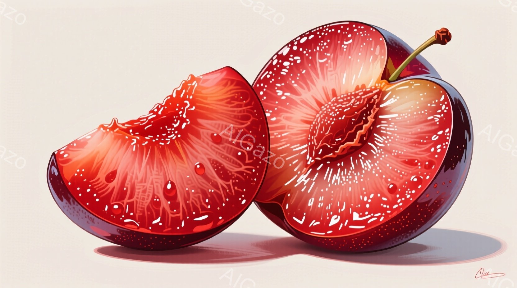 深い紫色をしたプラムが半分にカットされており、瑞々しい果肉が露わになっています。果肉は放射状に細かく分かれており、表面には小さな水滴が光っています。背景は淡いベージュ色で、影が柔らかくプラムの立体感を - AI生成フリー素材