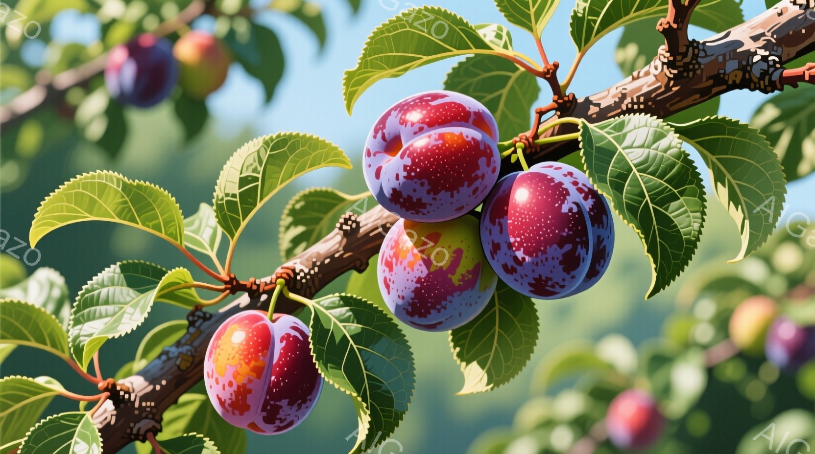 枝に実ったプラムが写っています。鮮やかな赤と黄色が混ざり合ったプラムは、緑の葉に囲まれ、太陽の光を浴びて輝いています。背景にはぼやけた緑が広がり、夏の穏やかな雰囲気を醸し出しています。