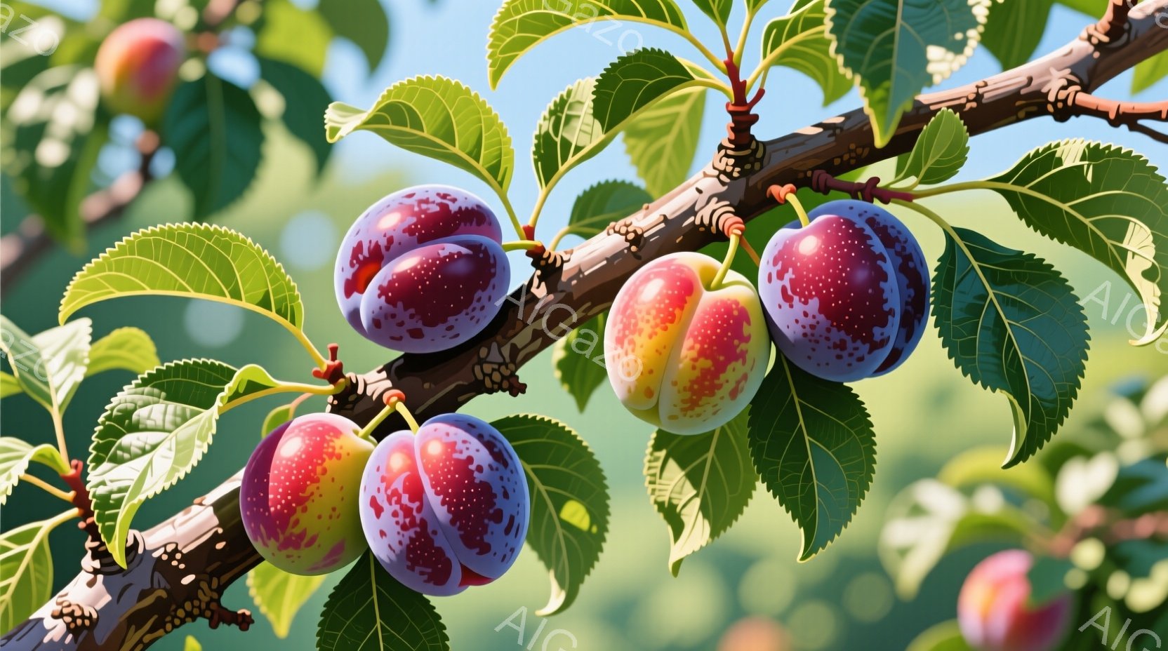 鮮やかな紫色の梅の実が、枝に密集してぶら下がっている様子が描かれています。緑色の葉が背景に広がり、明るい日光が実を照らし出しています。全体的に、初夏の豊かな自然を連想させる、健康的で活気のある雰囲気です。