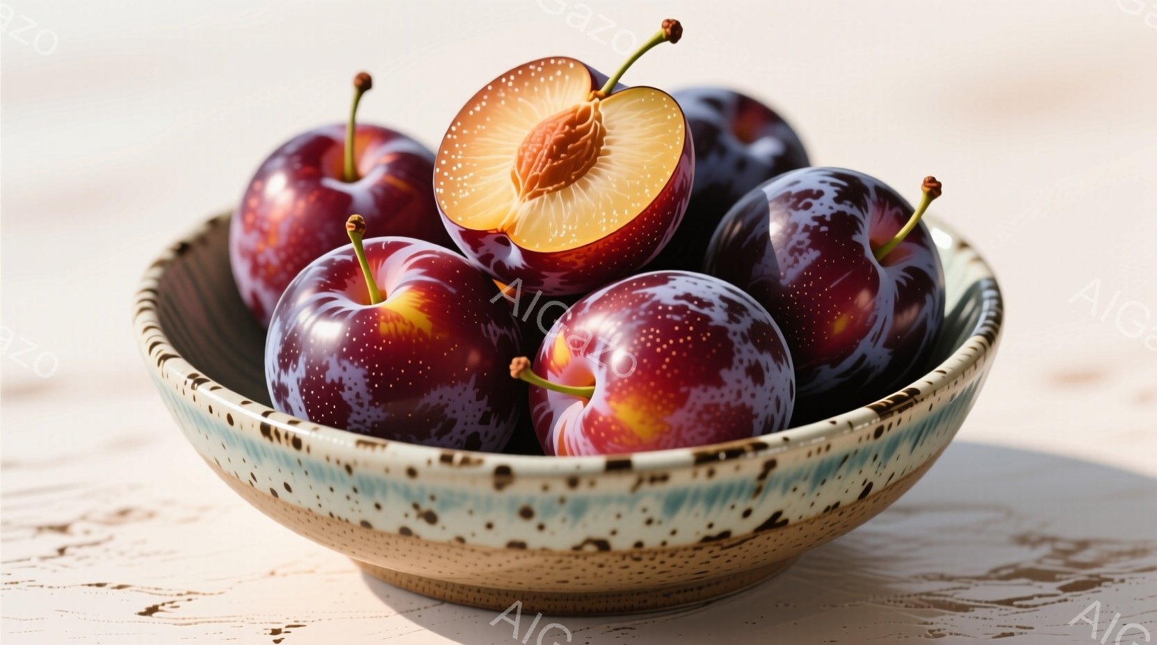 深い紫色のプラムが、手作りのような陶器のボウルに盛られています。一つだけ半分にカットされており、赤みがかった果肉が見えます。背景は木製のテーブルで、全体的に暖かく、食欲をそそる雰囲気です。