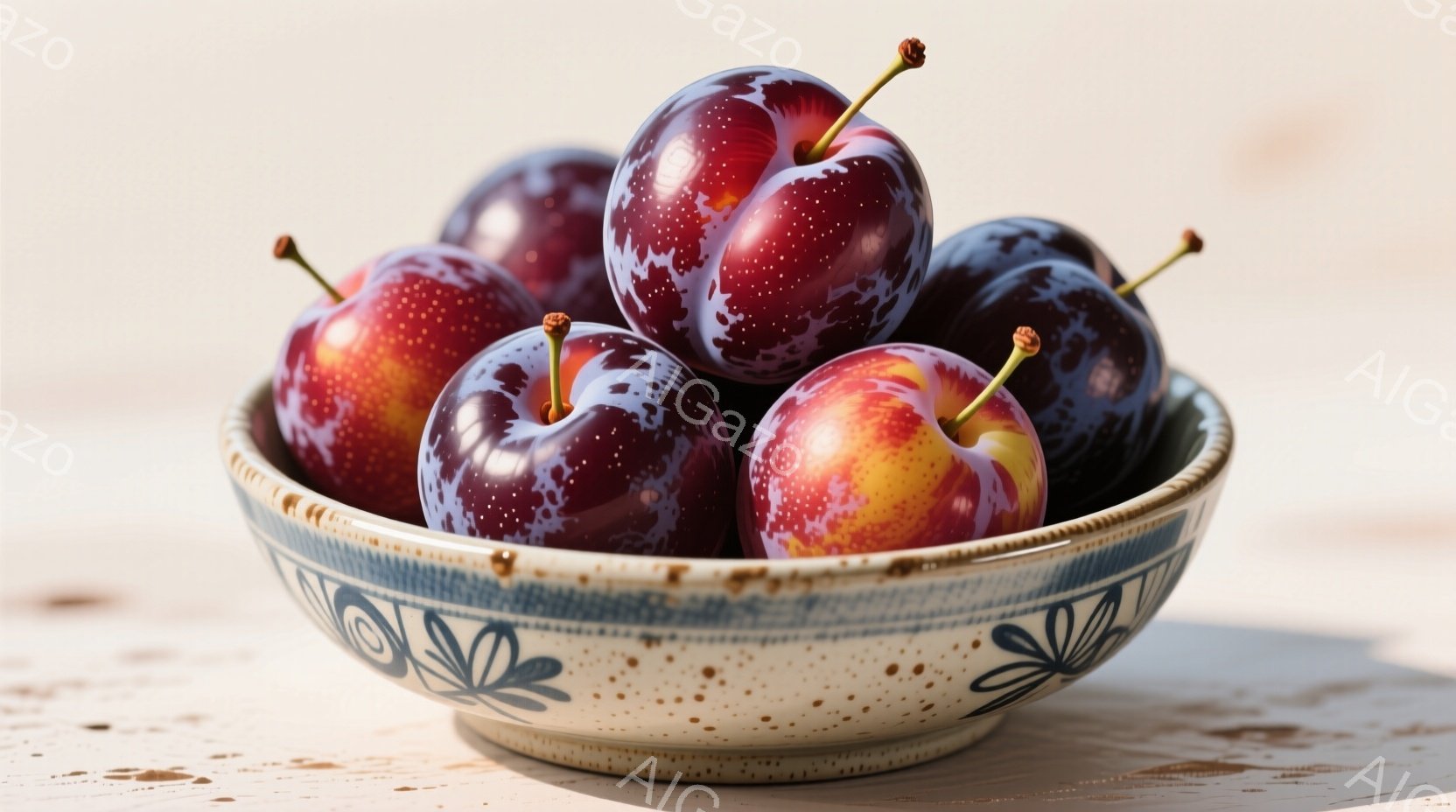 陶器製のボウルに、濃い紫色で光沢のあるプラムが山のように盛られています。ボウルはオフホワイトで、青い装飾が施されており、素朴な風合いがあります。背景は木製の表面で、全体的に自然で落ち着いた雰囲気が漂っています。