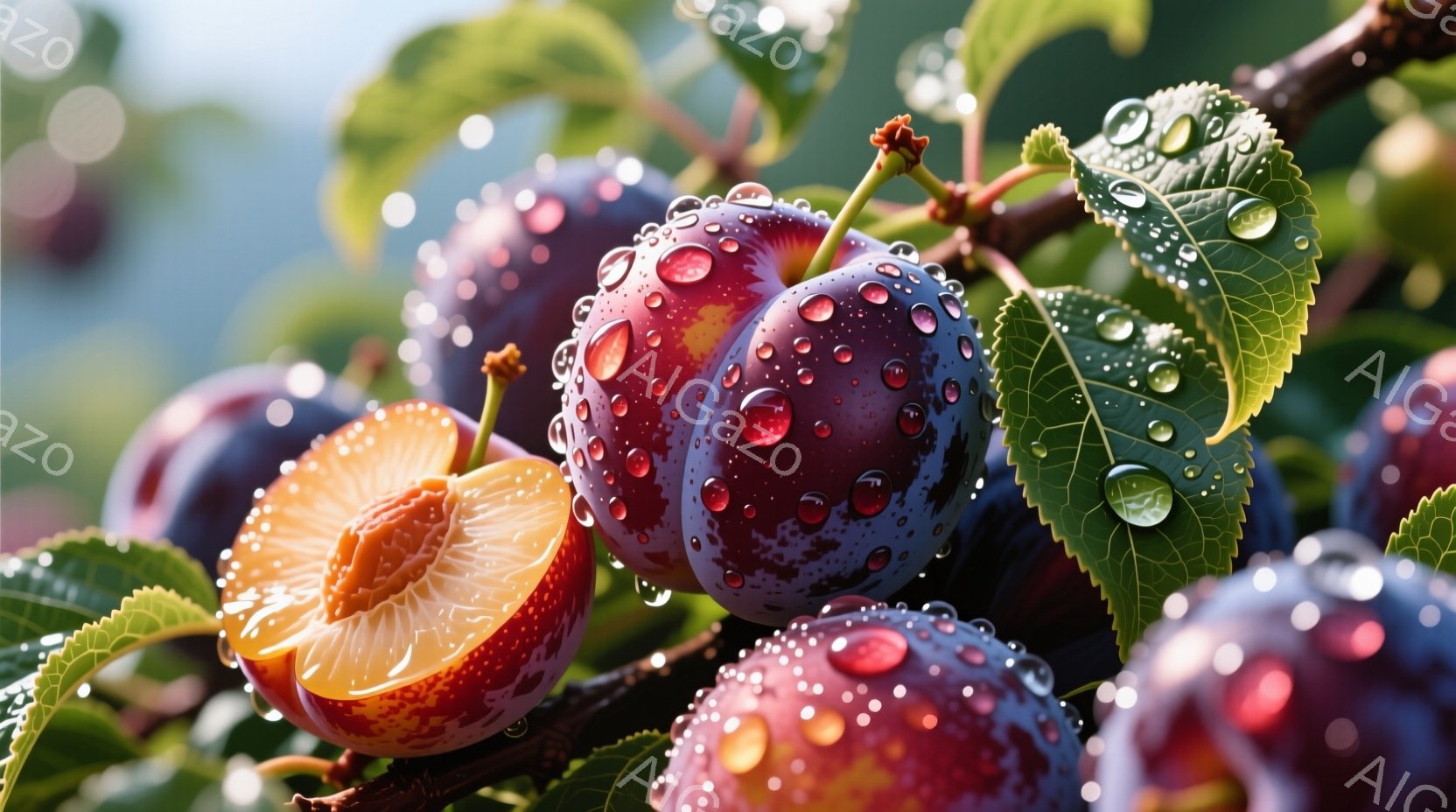 濃い紫色をしたプラムが枝に実り、葉と混ざり合って自然な風景を作り出しています。実には水滴が付き、まるで雨上がりのようなしっとりとした雰囲気を醸し出しています。一つだけ半分に割られたプラムがあり、鮮やか - AI生成フリー素材