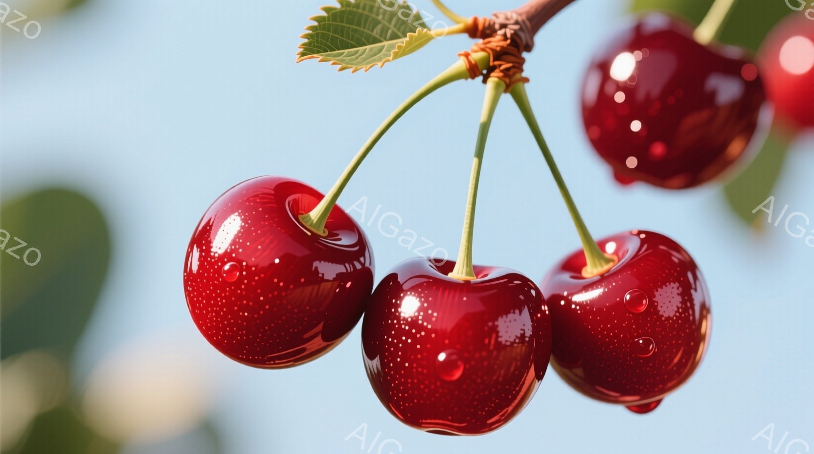 鮮やかな赤いさくらんぼが枝につるされ、水滴が表面に光っています。背景は穏やかな青空で、緑の葉がさくらんぼを引き立てています。全体的に瑞々しく、生命力にあふれる雰囲気です。 - AI生成フリー素材
