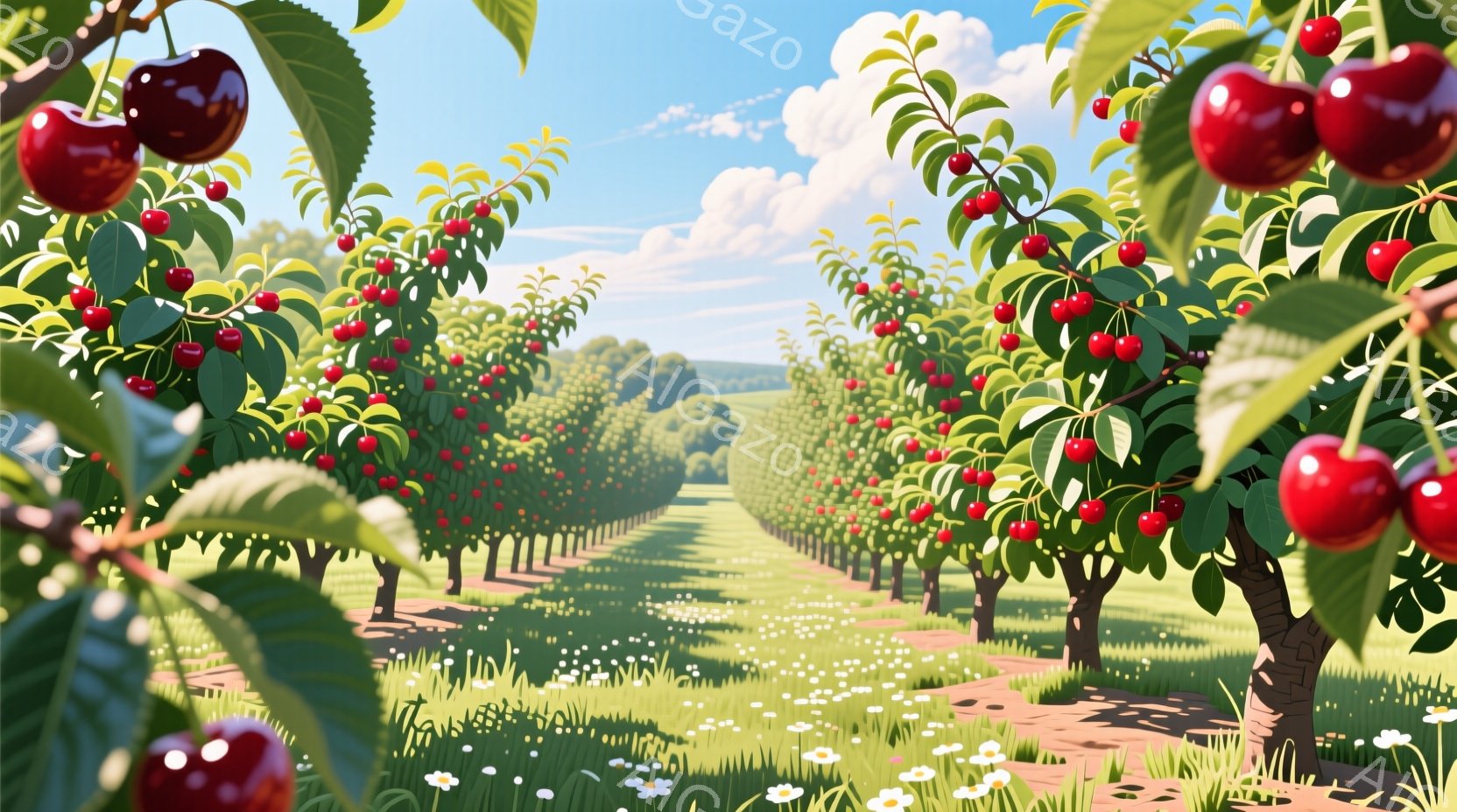 赤く熟したサクランボがたわわに実る果樹園が、奥行きのある構図で描かれています。白い花が咲き乱れる緑の芝生の上に、サクランボの木が整然と並び、遠くには緑豊かな丘が広がっています。晴れた空と柔らかい日差し - AI生成フリー素材