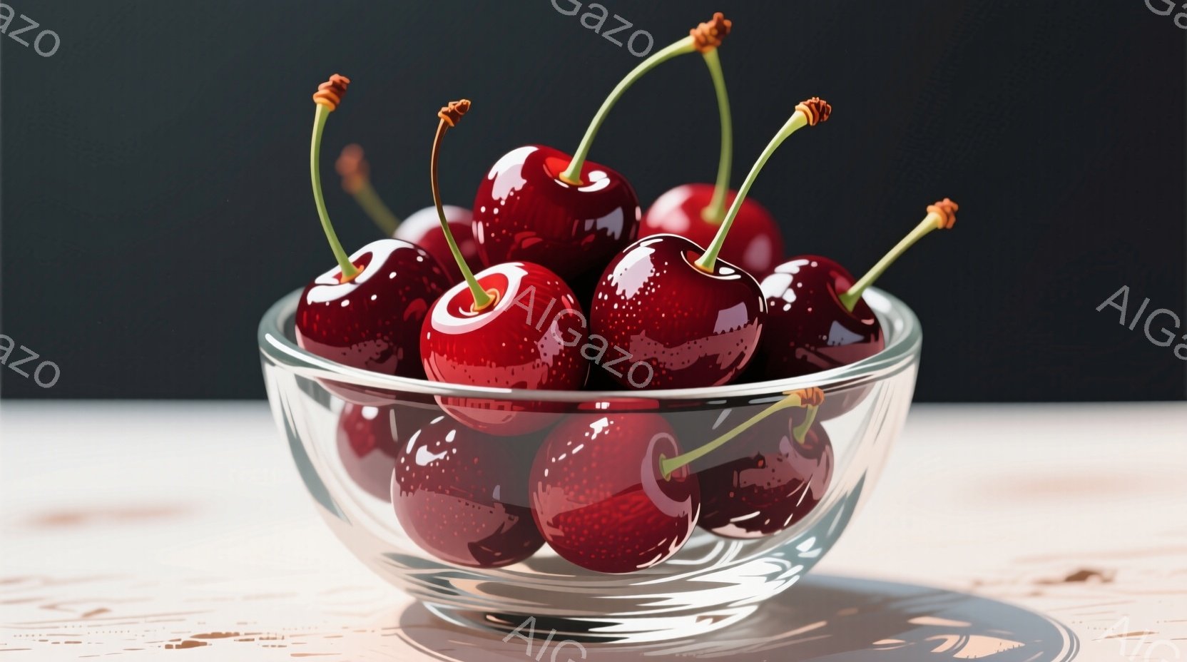 光沢のある赤いさくらんぼが透明なガラスの器にたっぷり入っています。さくらんぼは瑞々しく、それぞれの実に緑色の茎が付いています。背景はぼやけており、明るい木製のテーブルの上に置かれている様子がわかります。