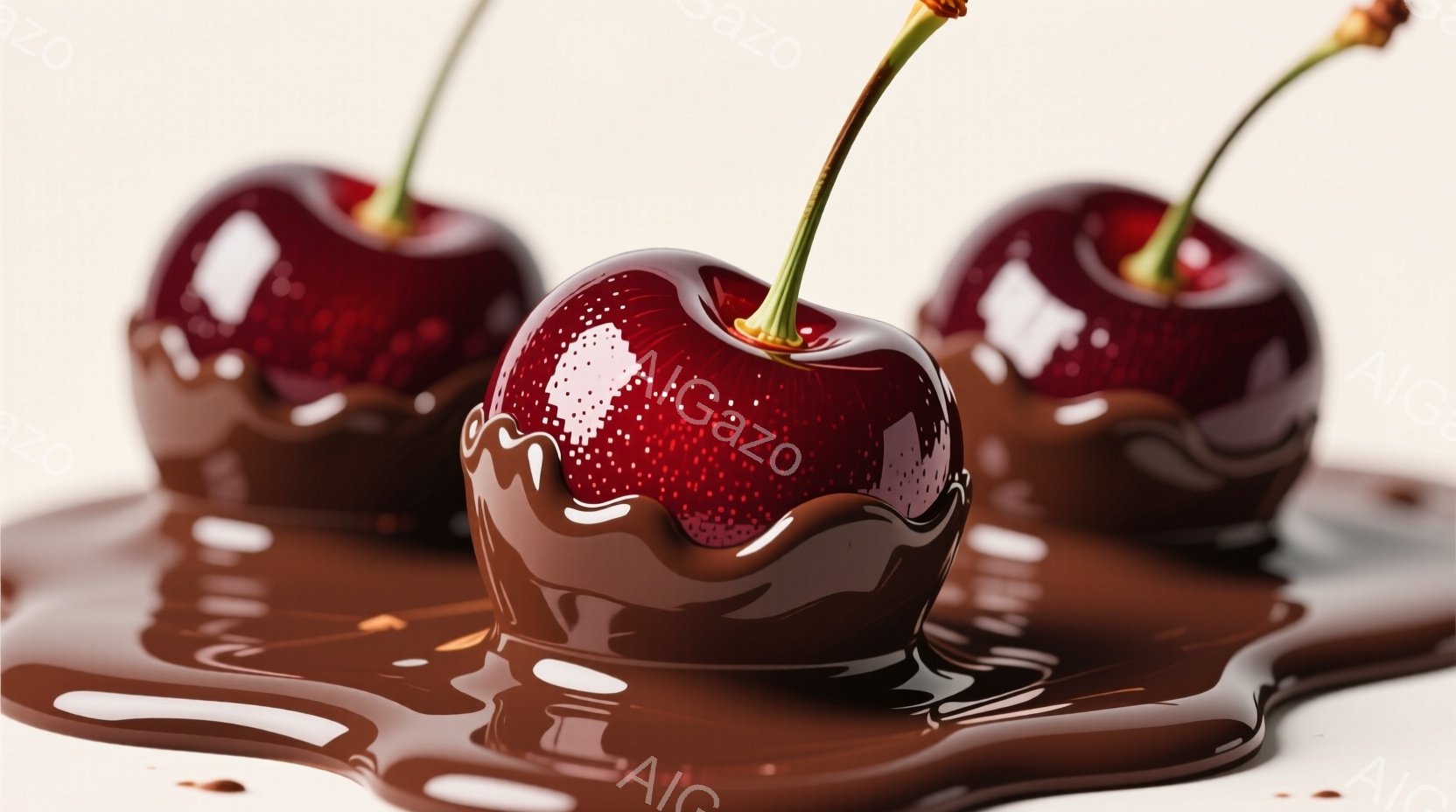 チョコレートに覆われた３つのサクランボが、茶色の液体の塊の中に浮かんでいます。果実は鮮やかな赤色で、光沢があり、チョコレートとのコントラストが魅力的です。全体的に甘く、濃厚なデザートを連想させる、美味しそうな雰囲気です。