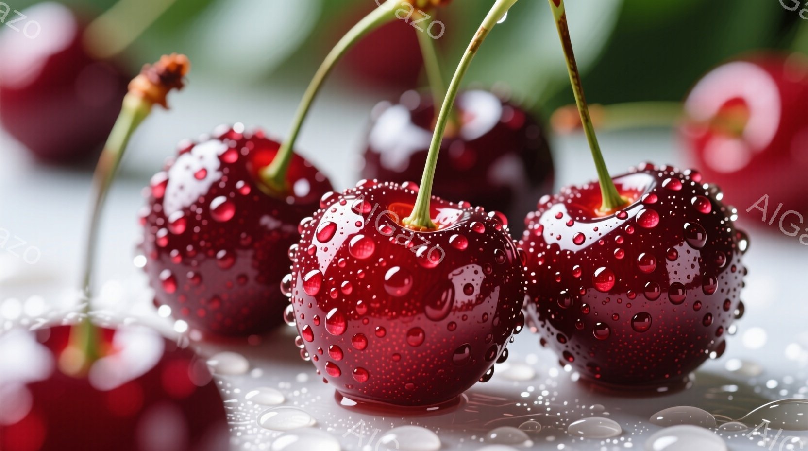 鮮やかな赤いサクランボが、水滴で覆われ、光沢を持って並べられています。背景はぼやけた白色で、水滴がさらに散らばり、全体的にみずみずしく、爽やかな印象を与えます。サクランボの鮮やかな赤色が、清涼感を強調し、夏の風景を連想させます。