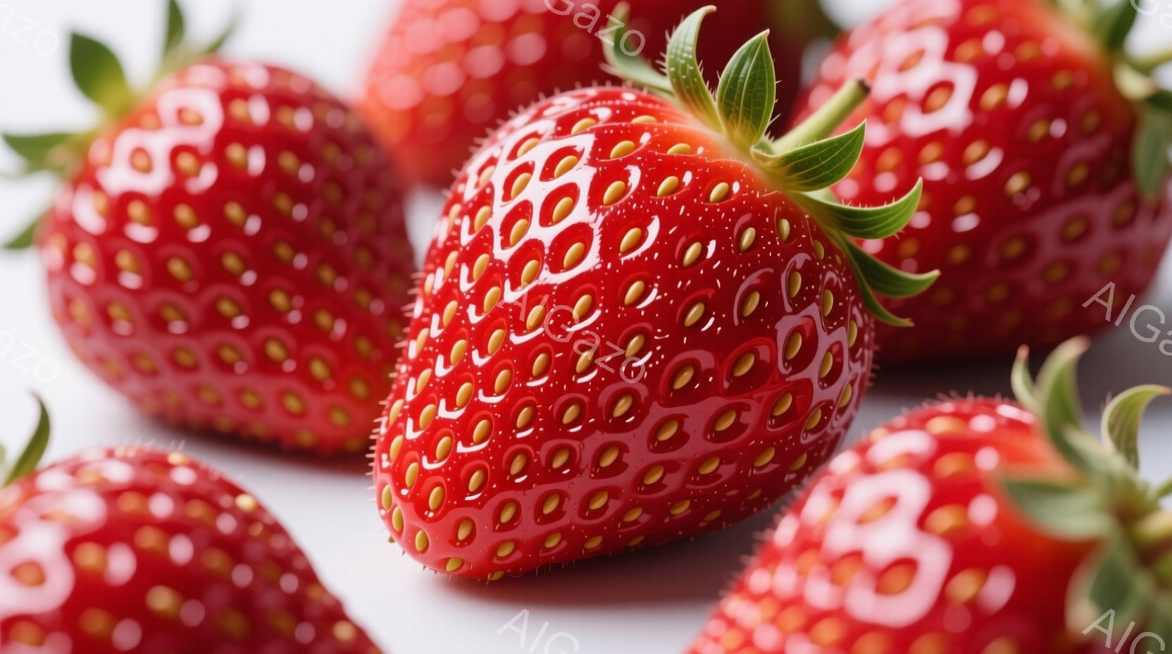 鮮やかな赤色のいちごが複数、白い背景に散りばめられています。それぞれのいちごは表面に小さな種がびっしりと詰まっており、緑色の葉が鮮やかなアクセントとなっています。全体的に瑞々しく、甘くて美味しそうな雰囲気が伝わってきます。