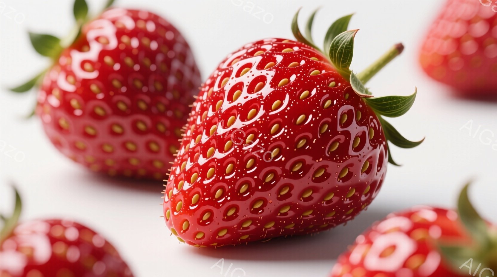 鮮やかな赤色のいちごが複数、白い背景に配置されています。それぞれのいちごは表面に小さな種のような点が散りばめられ、つやつやと光沢があります。背景が白いため、いちごの鮮やかな赤色が際立っており、みずみずしさを感じさせます。