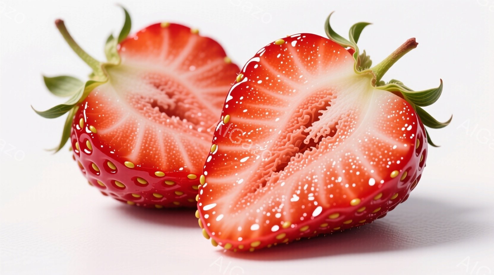 鮮やかな赤いイチゴが二つ、半分にカットされて並んでいます。種が表面に散りばめられ、瑞々しい果肉が目に鮮やかです。背景は白く、イチゴの鮮やかさを際立たせており、全体的に清潔で明るい印象を与えます。