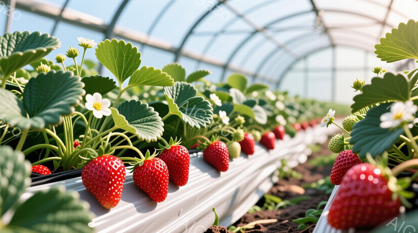 イチゴの栽培施設内を捉えた写真です。白い溝に植えられた、赤く熟したイチゴが規則的に並んでいます。緑の葉と白い花がイチゴの鮮やかな赤色を引き立て、明るく清潔な雰囲気を醸し出しています。
